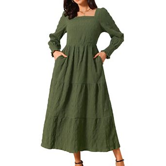 Women's Fall Dress Smocked Long Sleeve Square Neck Flowy Casual Midi Dress Tiered Dress with Pockets
