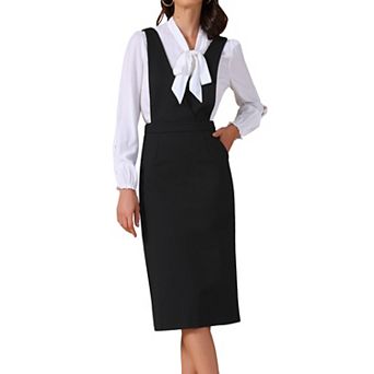 Women Pinafore Dress Stretchy Sleeveless V Neck A-Line Overalls Jumper Dresses with Pockets