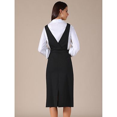 Women Pinafore Dress Stretchy Sleeveless V Neck A-Line Overalls Jumper Dresses with Pockets