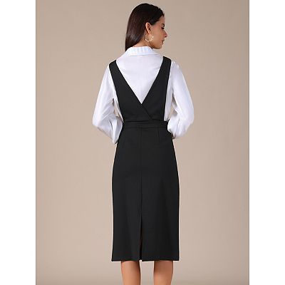 Women Pinafore Dress Stretchy Sleeveless V Neck A-Line Overalls Jumper  Dresses with Pockets