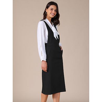 Women Pinafore Dress Stretchy Sleeveless V Neck A-Line Overalls Jumper Dresses with Pockets