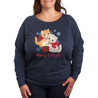 Plus Size Meowy & Bright French Terry Long Sleeve Christmas Graphic Tee