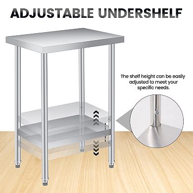 Stainless Steel Table 30x24x35Inch with 2-Tier Storage, Adjustable Undershelf, Pre-installed Feet