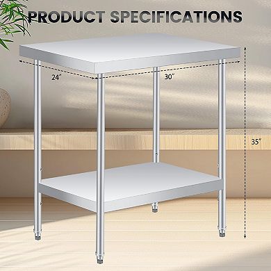 Stainless Steel Table 30x24x35Inch with 2-Tier Storage, Adjustable Undershelf, Pre-installed Feet