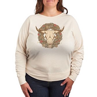 Plus Size Women's Cow Skull Wreath French Terry Long Sleeve Christmas Graphic Tee
