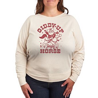 Plus Size Giddy Up Jingle Horse French Terry Long Sleeve Christmas Graphic Tee