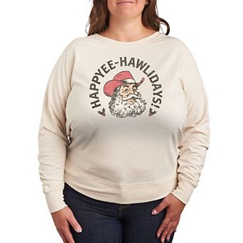 Plus Size Happyee Hawlidays French Terry Long Sleeve Christmas Graphic Tee