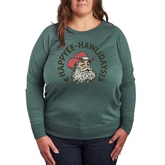 Plus Size Happyee Hawlidays French Terry Long Sleeve Christmas Graphic Tee
