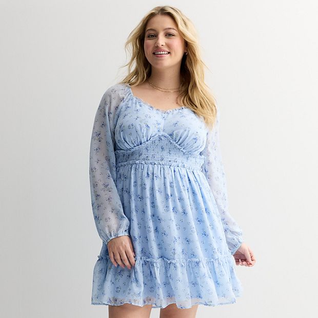 Juniors' Plus Size Liberty Love Long Sleeve Skater Dress, Girl's, Size: 2XL, Blue Floral