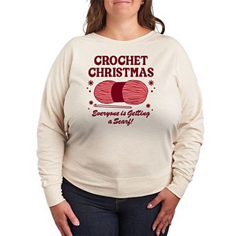 Plus Size Crochet Christmas French Terry Long Sleeve Christmas Graphic Tee