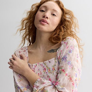 Juniors' Rewind Long Sleeve Smocked Bodice Dress