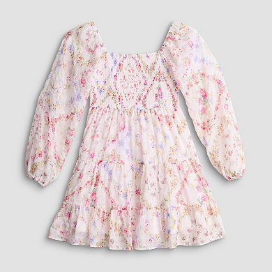 Juniors' Rewind Long Sleeve Smocked Bodice Dress