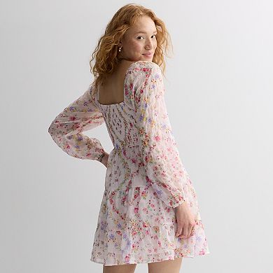 Juniors' Rewind Long Sleeve Smocked Bodice Dress