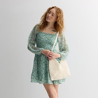 Juniors' Rewind Long Sleeve Smocked Bodice Dress