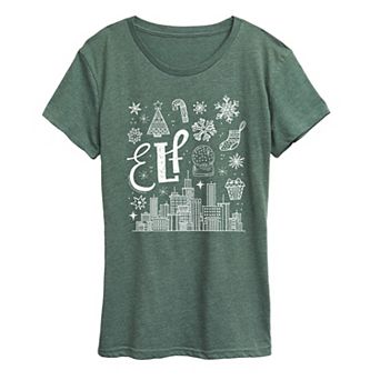 Women's Elf Icon Doodles Short Sleeve Christmas Graphic Tee