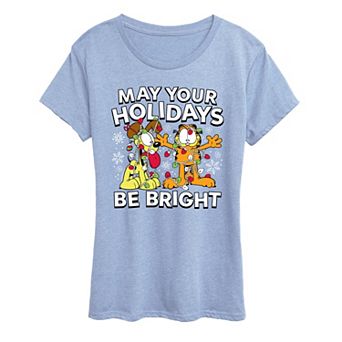 Women's Garfield May Your Holidays Be Bright Short Sleeve Christmas Graphic Tee