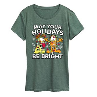 Women's Garfield May Your Holidays Be Bright Short Sleeve Christmas Graphic Tee
