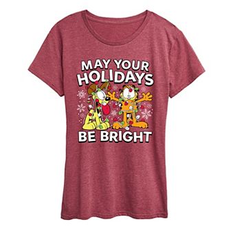 Women's Garfield May Your Holidays Be Bright Short Sleeve Christmas Graphic Tee