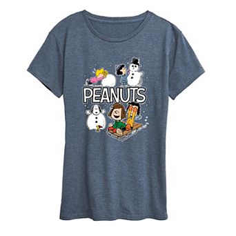 Women's Peanuts Winter Stickers Short Sleeve Christmas Graphic Tee