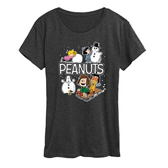 Women's Peanuts Winter Stickers Short Sleeve Christmas Graphic Tee