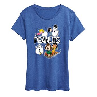 Women's Peanuts Winter Stickers Short Sleeve Christmas Graphic Tee