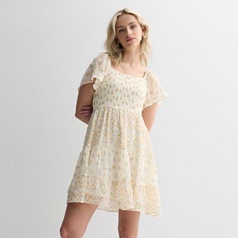 Juniors' Rewind Flutter Sleeve Smocked Bodice Dress