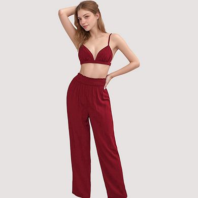 Women's 3-Piece Pajama Set with Bralette Top, Button Down Shirt, and Wide Leg Pants