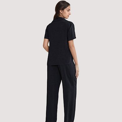 Women's 3-Piece Pajama Set with Bralette Top, Button Down Shirt, and Wide Leg Pants