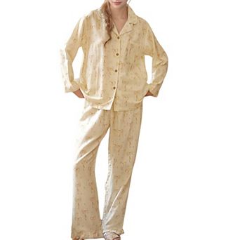 Women's Bow Print Woven Pajama Set with Long Sleeve Collared Top and Relaxed Fit Pants