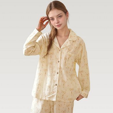 Women's Bow Print Woven Pajama Set with Long Sleeve Collared Top and Relaxed Fit Pants