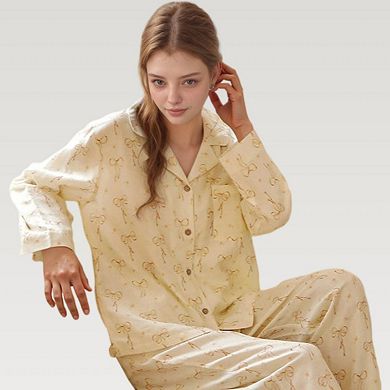 Women's Bow Print Woven Pajama Set with Long Sleeve Collared Top and Relaxed Fit Pants