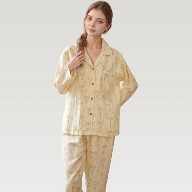 Women's Bow Print Woven Pajama Set with Long Sleeve Collared Top and Relaxed Fit Pants