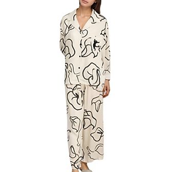 Women's Abstract Floral Woven Pajama Set with Long Sleeve Button Top and Wide Leg Pants