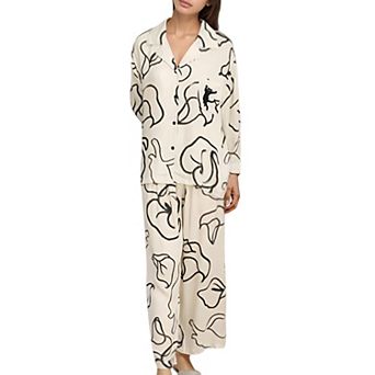 Women's Abstract Floral Woven Pajama Set with Long Sleeve Button Top and Wide Leg Pants