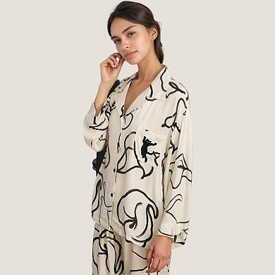 Women's Abstract Floral Woven Pajama Set with Long Sleeve Button Top and Wide Leg Pants