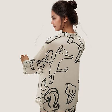 Women's Abstract Floral Woven Pajama Set with Long Sleeve Button Top and Wide Leg Pants
