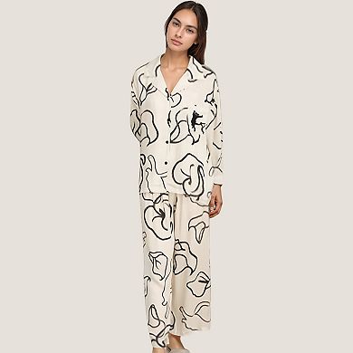 Women's Abstract Floral Woven Pajama Set with Long Sleeve Button Top and Wide Leg Pants