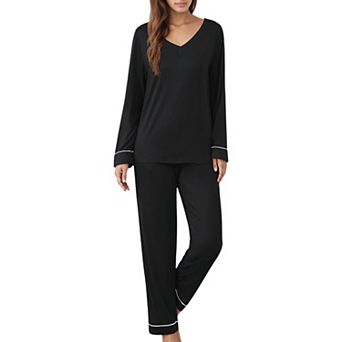 Women's Contrast Trim Long Sleeve V-Neck Pajama Top and Lounge Pants Two Piece Sleepwear Set