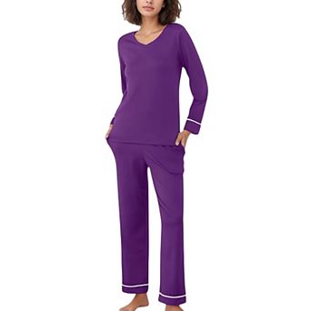 Women's Contrast Trim Long Sleeve V-Neck Pajama Top and Lounge Pants Two Piece Sleepwear Set
