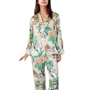 Women's Bird and Floral Print Pajama Set with Button Down Long Sleeve Top and Relaxed Fit Pants