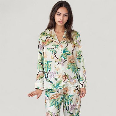 Women's Bird and Floral Print Pajama Set with Button Down Long Sleeve Top and Relaxed Fit Pants