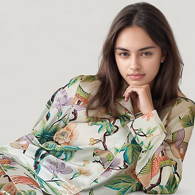 Women's Bird and Floral Print Pajama Set with Button Down Long Sleeve Top and Relaxed Fit Pants