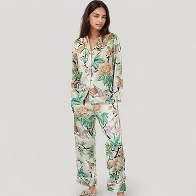 Women's Bird and Floral Print Pajama Set with Button Down Long Sleeve Top and Relaxed Fit Pants