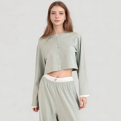 Women's Cropped Button-Up Long Sleeve Pajama Set with Contrast Trim and Wide Leg Pants