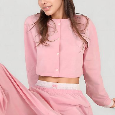 Women's Cropped Button-Up Long Sleeve Pajama Set with Contrast Trim and Wide Leg Pants