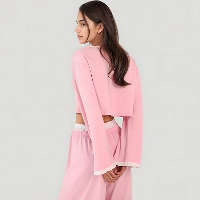 Women's Cropped Button-Up Long Sleeve Pajama Set with Contrast Trim and Wide Leg Pants