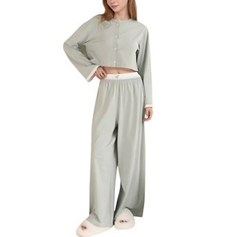 Women's Cropped Button-Up Long Sleeve Pajama Set with Contrast Trim and Wide Leg Pants