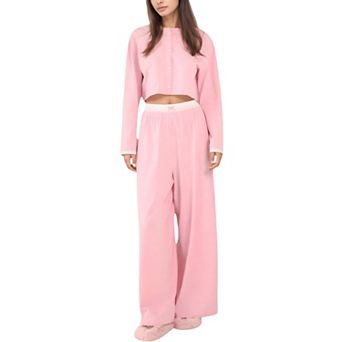 Women's Cropped Button-Up Long Sleeve Pajama Set with Contrast Trim and Wide Leg Pants
