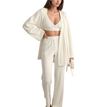 Women's 3 pc Pajama Set with Textured Woven Knit Bra Top Open Cardigan and High Waist Pants