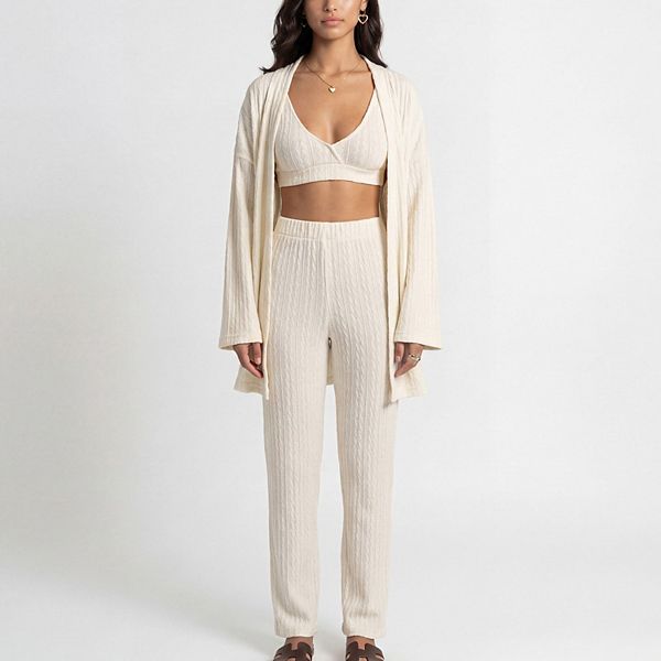 Women's 3-Piece Pajama Set with Textured Woven Knit Bra Top Open